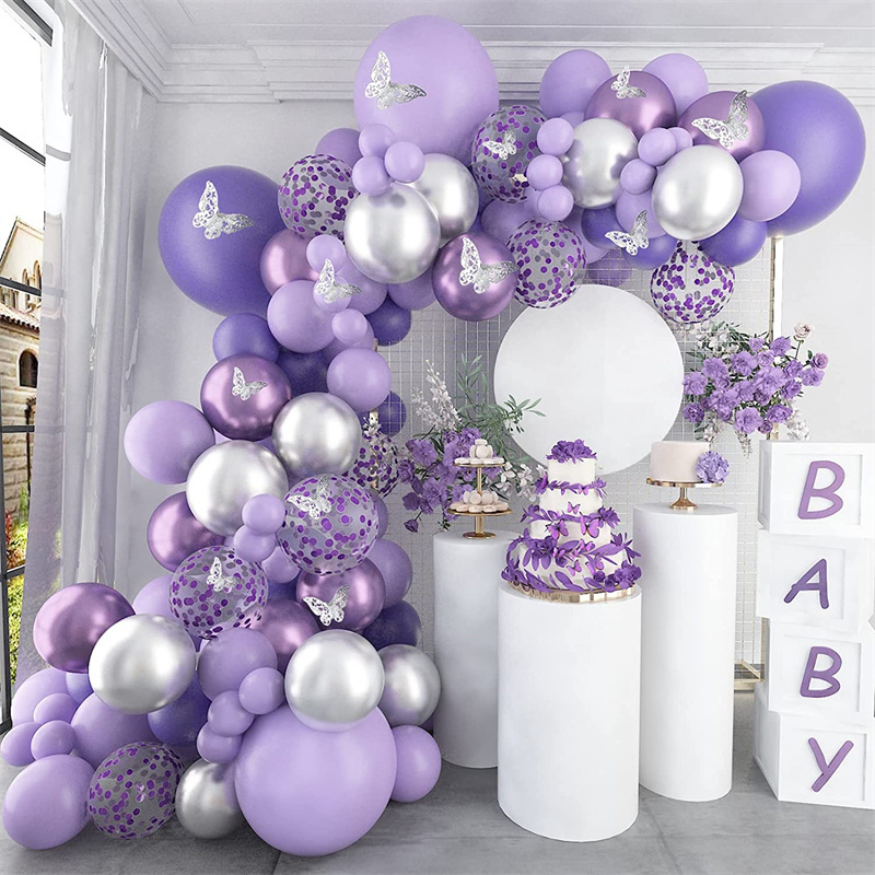 White Purple Confetti Latex Balloons, 50pcs 12 inch Helium Party Balloon  with 33 Ft Purple Ribbon for Birthday, Girls Baby Shower, Wedding