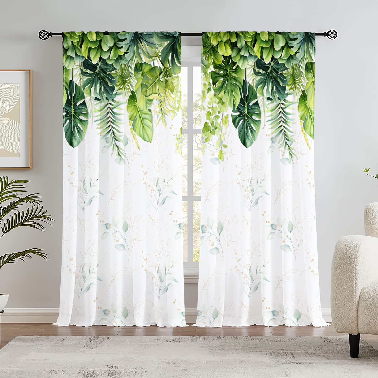 Comprar Cortina de gasa transparente con hojas nórdicas y flores de  acuarela para sala de estar, dormitorio, cocina, ventana, cortinas de tul  de gasa transparente