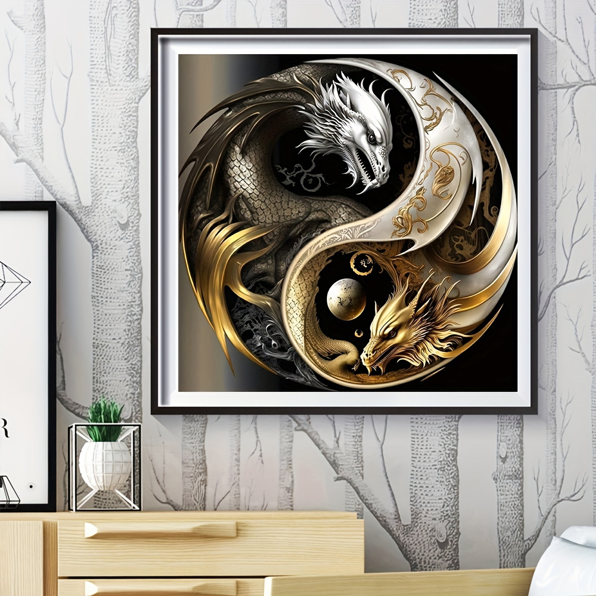 5D DIY Full Round Drill Diamond Painting Yin Yang Dragon Resin Rhinestone  Mosaic Wall Art Picture Kit Decoration Gifts 30*30cm 