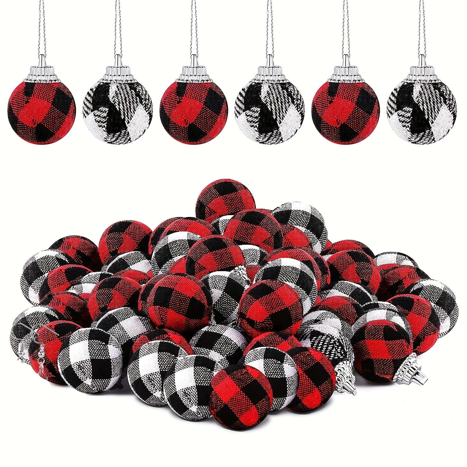 6pcs Christmas Plaid Ball Ornaments - 3 Inch Black & Red Buffalo Plaid  Fabric Ball Ornaments With Pine Cones And Greenery