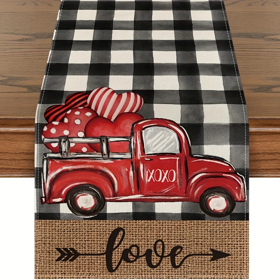  Valentine's Day Gnome Table Runner 13 x 108 inch Happy  Valentines Day Cute Gnome Heart Red Plaid Linen Table Runner Non-Slip  Dresser Scarves for Valentine Table Decorations Anniversary Wedding Party 