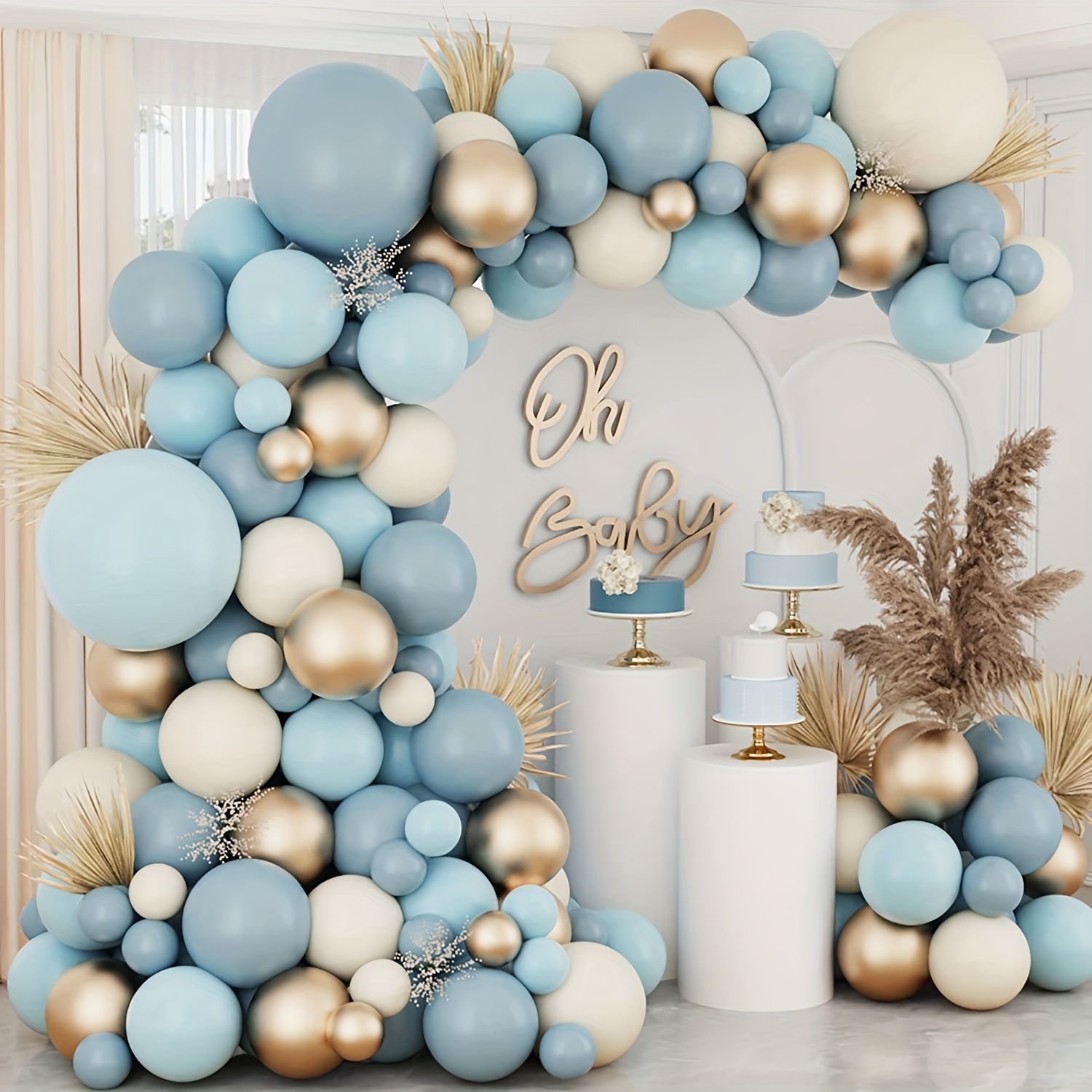  Decoraciones de baby shower para niño, globos blancos y azules  para decoración de baby shower, letras de bebé niño y cajas de globos  reutilizables, además de banda para papá y mamá