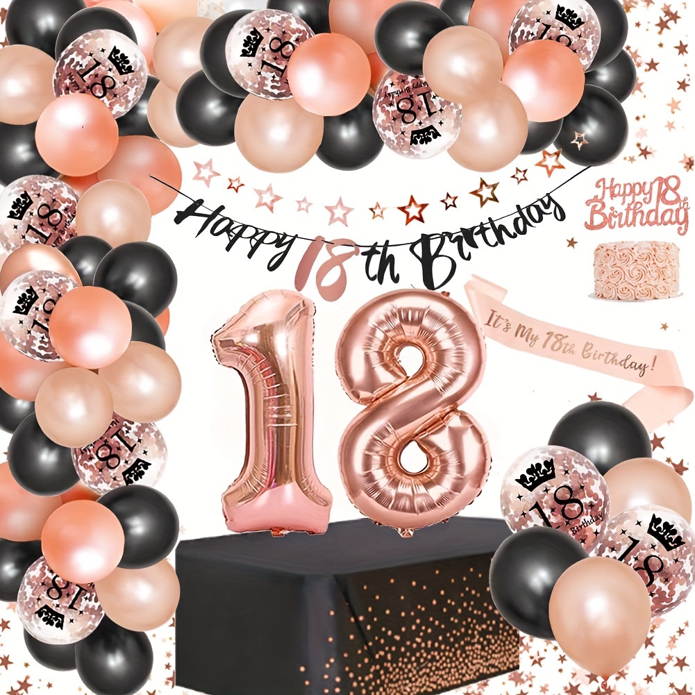Kit de decoración de fiesta de cumpleaños número 18, color negro y dorado  con purpurina de feliz cumpleaños 18, globos colgantes de 18 cumpleaños  para