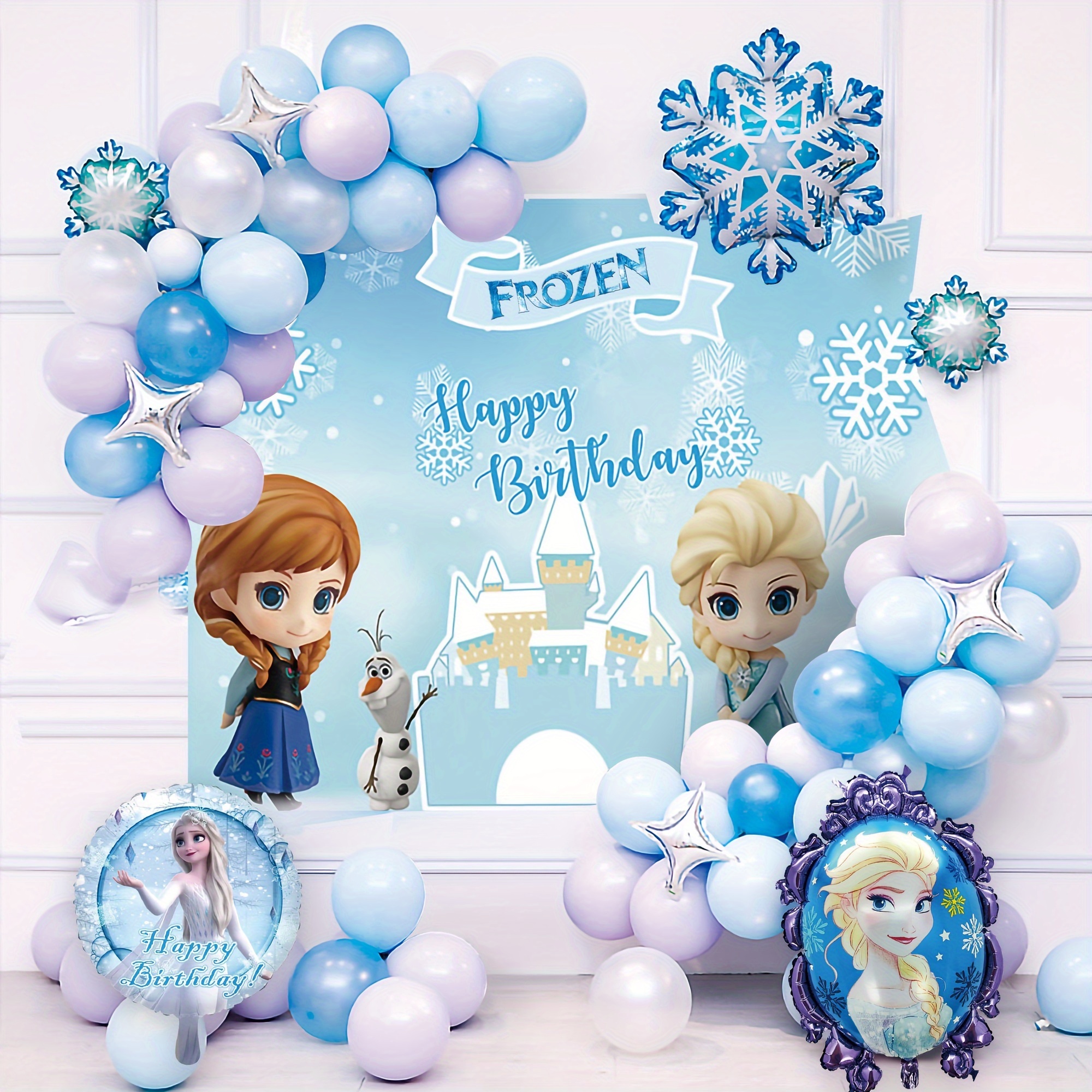 Suministros para fiesta de cumpleaños de Frozen, decoraciones de fiesta de  Frozen 82 piezas, incluye kit de arco de guirnalda de globos de copo de