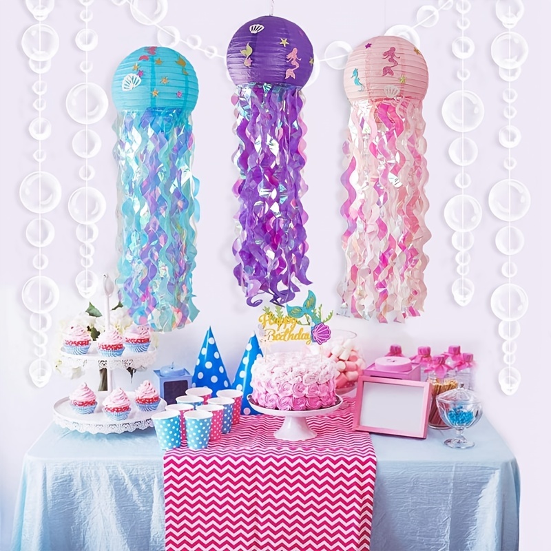 Decoración de fiesta de La Sirenita, globos, guirnalda, arco, cola de sirena,  telón de fondo, cortina