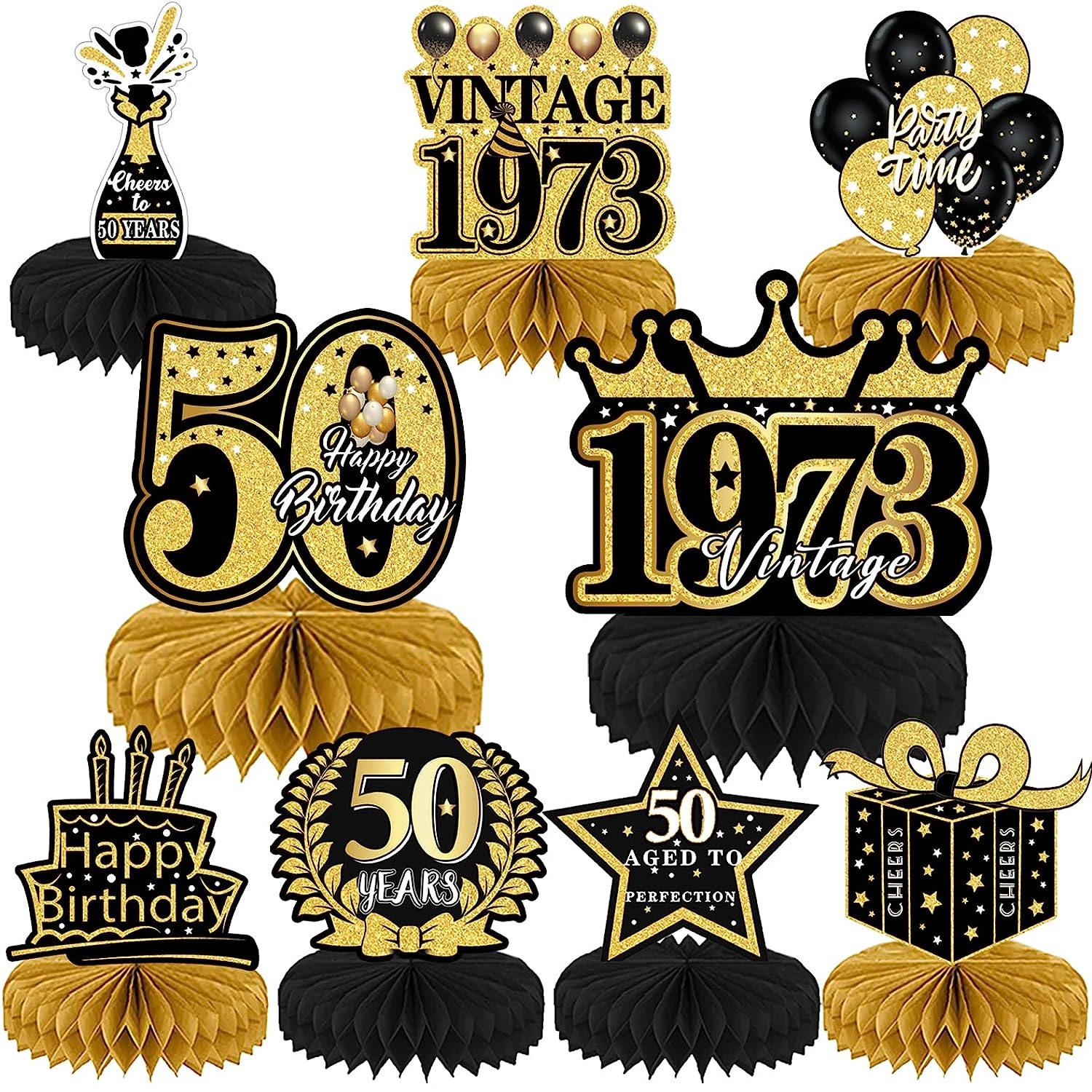 50th Birthday Table Decorations,honeycomb Centerpiece Table Decorations For  Men,42 Pcs Black Gold Perfection Table Centerpiece Toppers Party Supplies