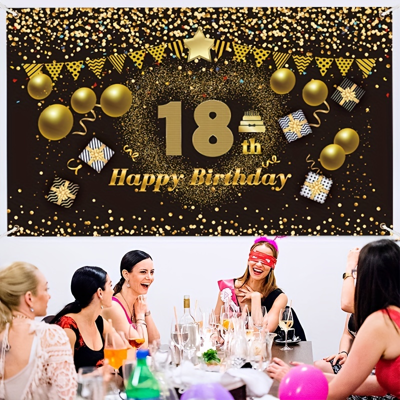 Kit de decoración de fiesta de cumpleaños número 18, color  negro y dorado con purpurina de feliz cumpleaños 18, globos colgantes de 18  cumpleaños para hombres y mujeres, suministros de decoración