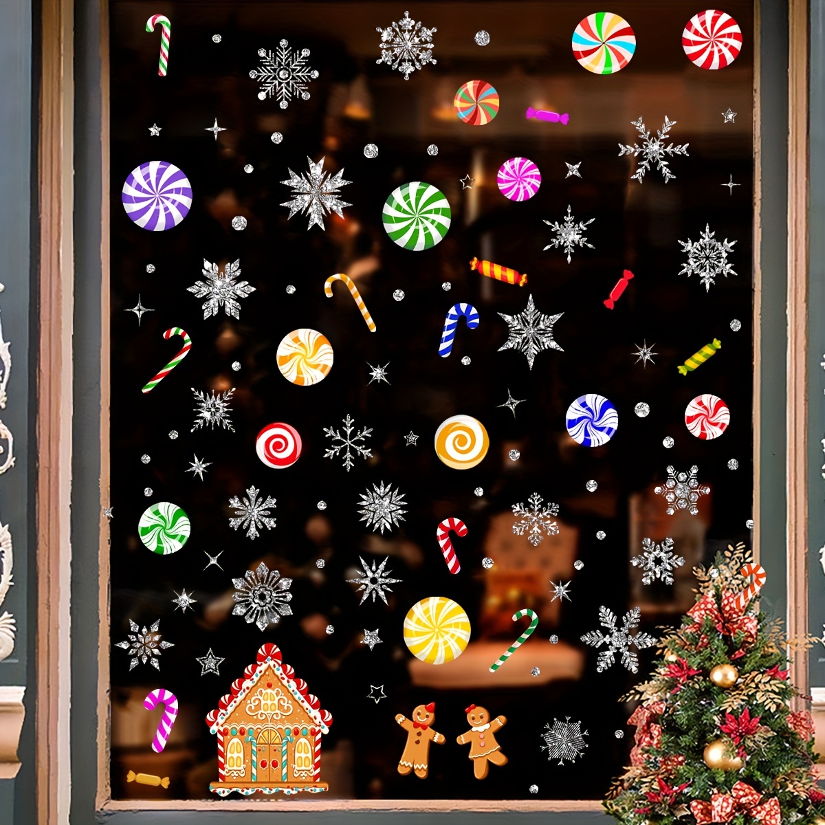 Christmas Window Clings Decor Xmas Thanksgiving Winter Snowflakes Snowman Decals  Sticker for Home Office School New Year Holiday Gel Stickers Party Season  Ornaments Decoration Set of 4 
