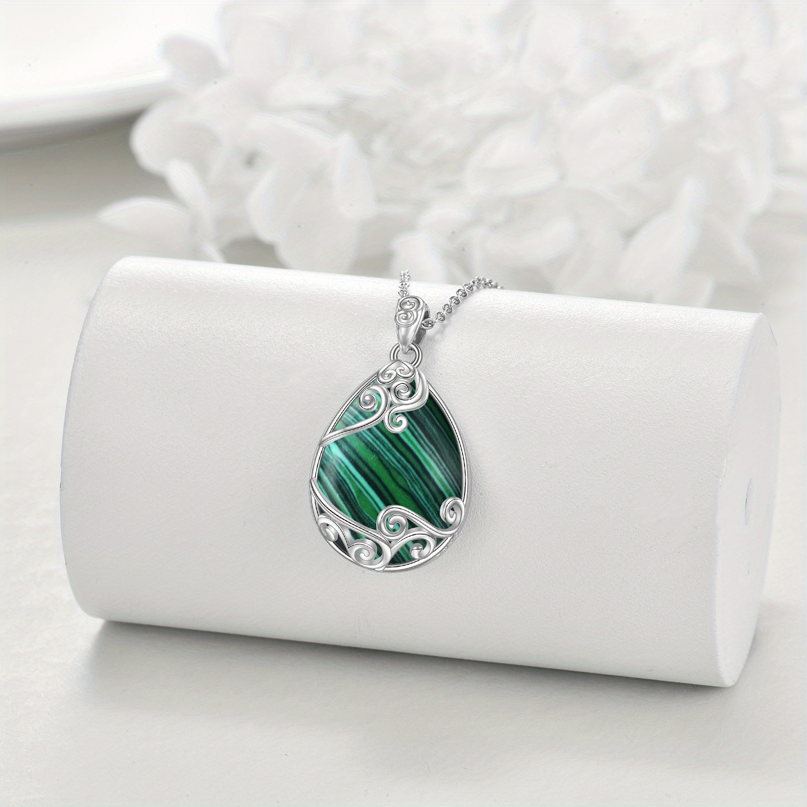 Unisex Adjustable 925 Sterling Silver Malachite Pendant Necklace