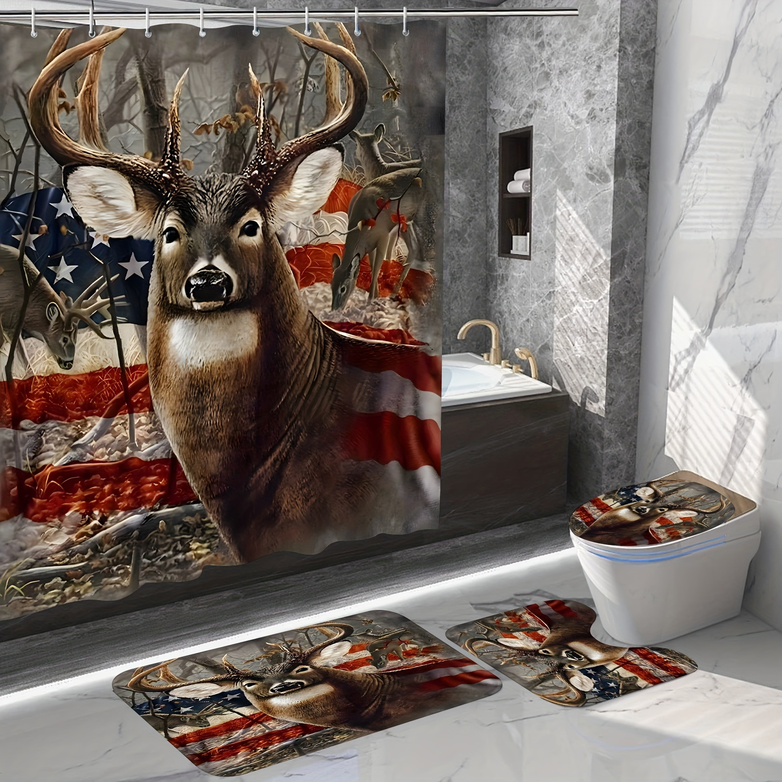 Camo Shower Curtain Black American Flag Elk Moose Wildlife - Temu