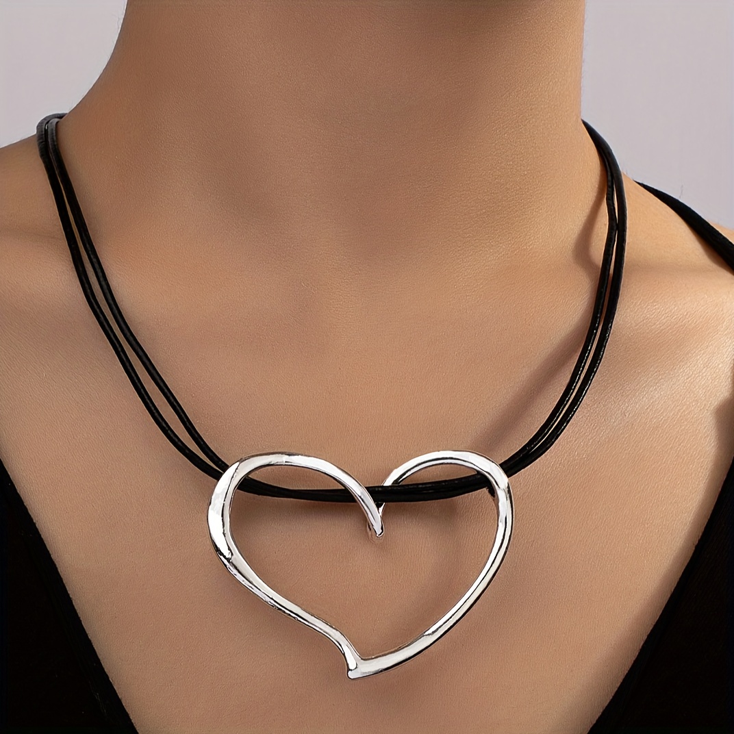 Puffed Heart String Necklace Black Cord Long Wrap Tie Choker Silver Gold  Stainless Steel Chunky 3D Puffy Pendant Handmade Unisex Jewelry 