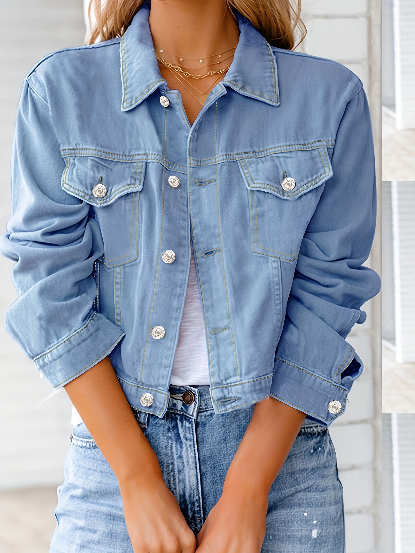 Blue Washed Ripped Holes Denim Jackets, Long Sleeves Hem Lapel Denim Coats,  Women's Denim Jeans & Clothing - Temu