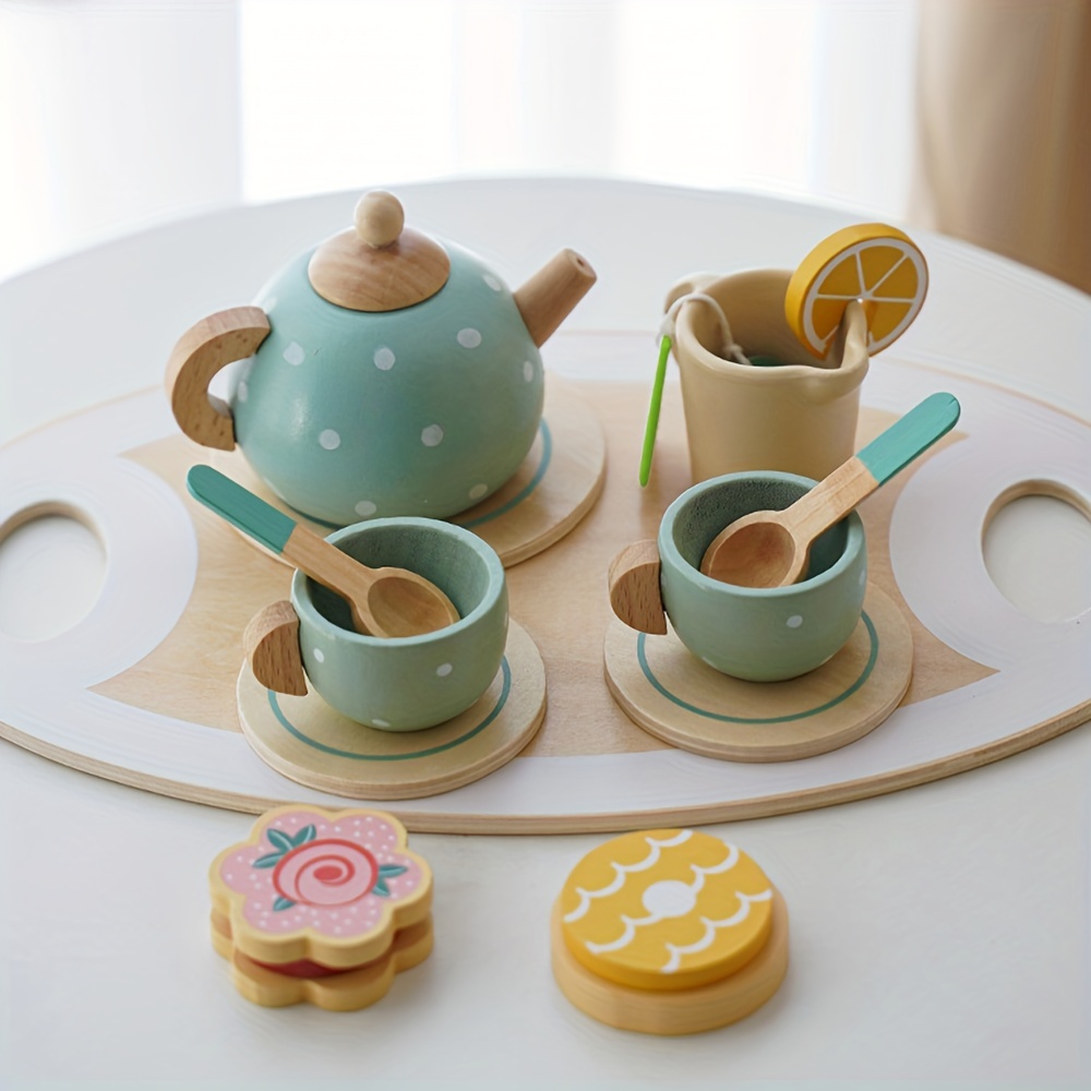 BUYGER Juego de fiesta de té de madera para niñas pequeñas, juegos de  cocina de madera para niños, accesorios de comida con tetera, taza de té