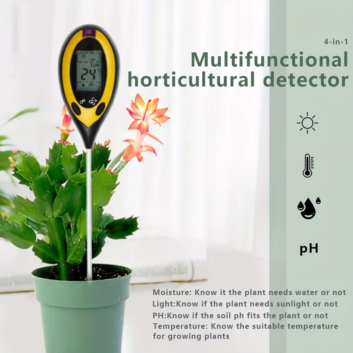 4-in-1 Soil Moisture Meter ,Digital Plant Temperature/Soil Moisture/PH Meter/Sunlight  Intensity/Environment Humidity Backlight LCD display Soil Test Meter for  Gardening, Farming,and Outdoor Plants 