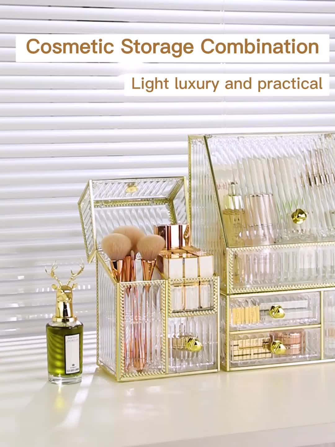 Multifunctional Makeup Storage Box With Transparent Gold-plated Frame For  Makeup Brush, Pads, C…