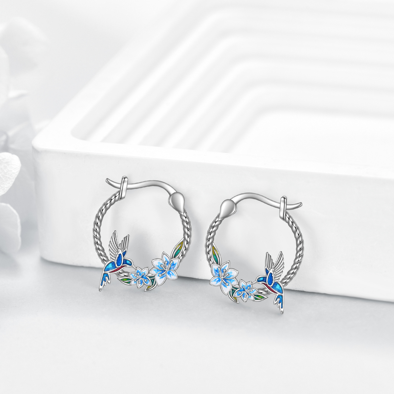 Women's Hummingbird Hoop Earrings in Sterling Silver
