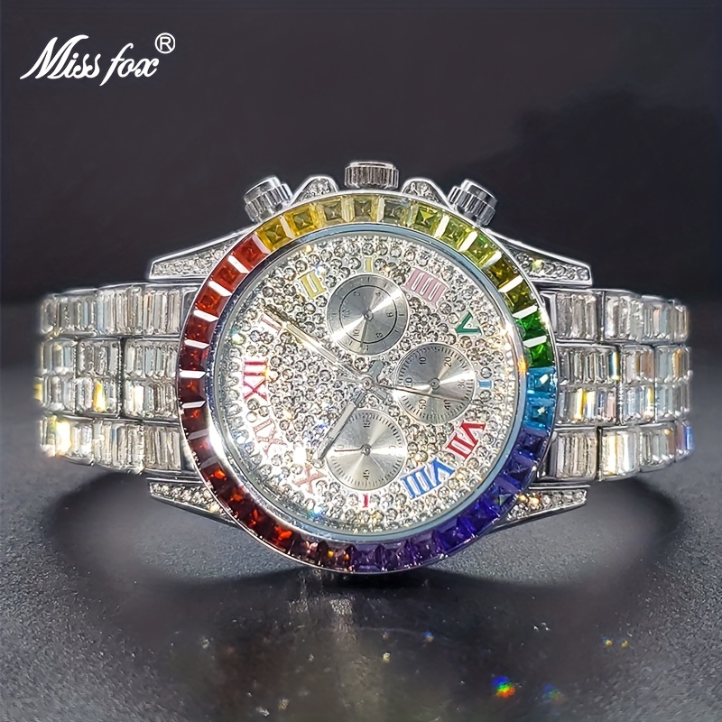 Luxury Men s Watch With Raninbow Faux diamond Baguette Watches For Male Three Dial Multifunctional Wristwatches Look Like Expensive