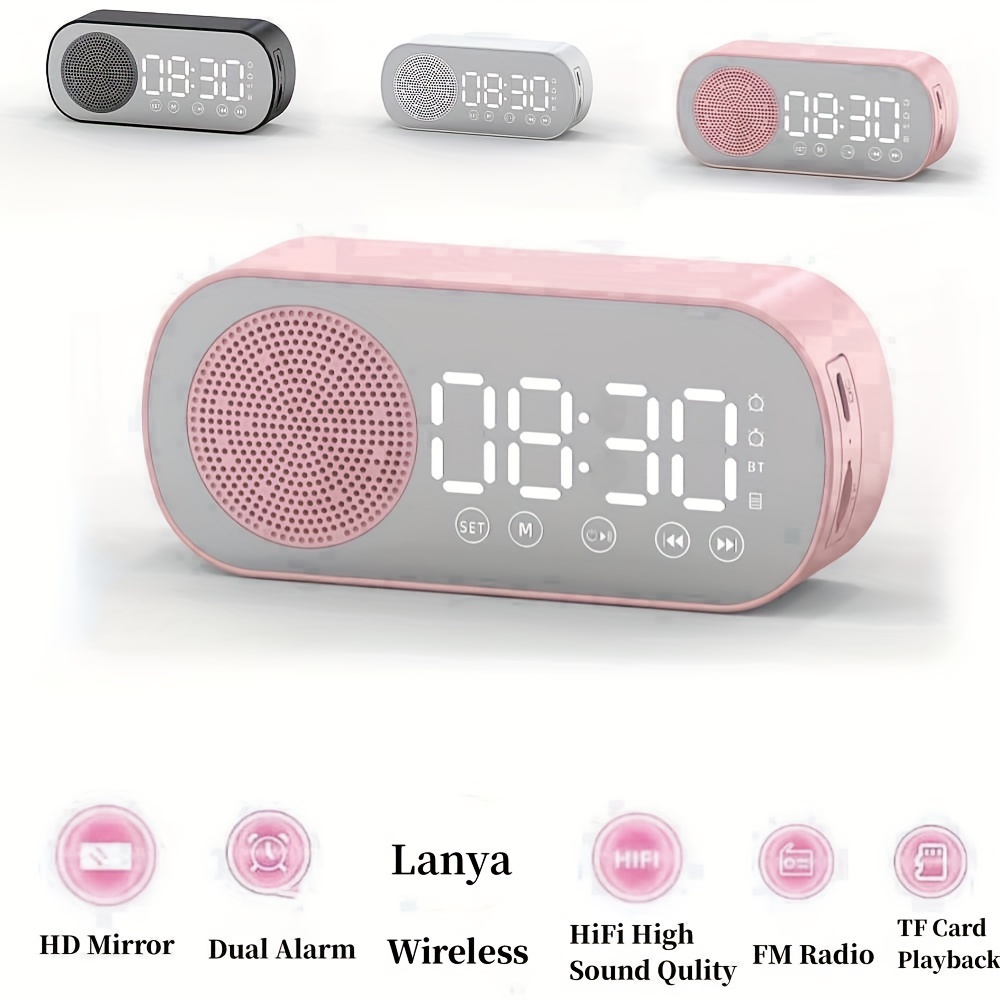 Altavoz alarma dual reloj despertador digital bluetooth pantalla de espejo  led recargable y radio fm tarjeta tf negro