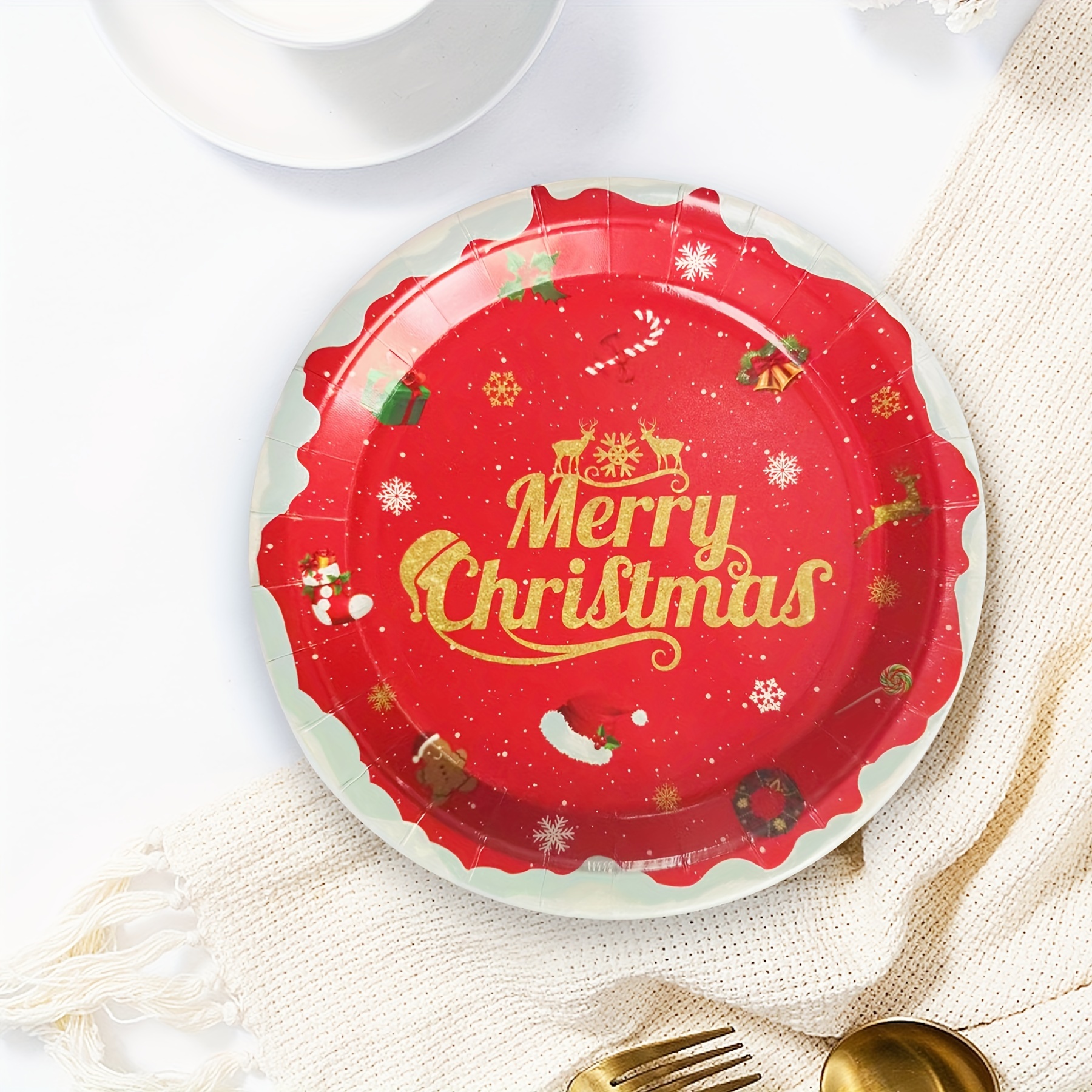 Noël Vaisselle jetable Joyeux Noël Treillis Assiettes de gobelets en papier  jetables Pailles Bannière pour bricolage Décoration de fête de Noël