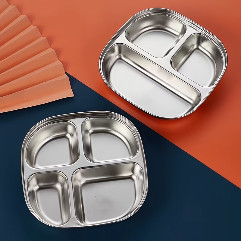 Stainless Steel Divided Plates 2Pcs Dinner Plates With Lids 3 Compartments  Trays Camping School