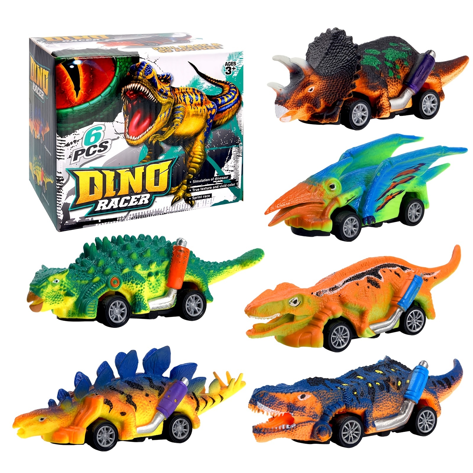  DINOBROS Coches de juguete de dinosaurio, paquete de 6 juguetes  de dinosaurio para niños y niñas de 3 años, juguetes para niños de 3, 4, 5  años en adelante, autos de
