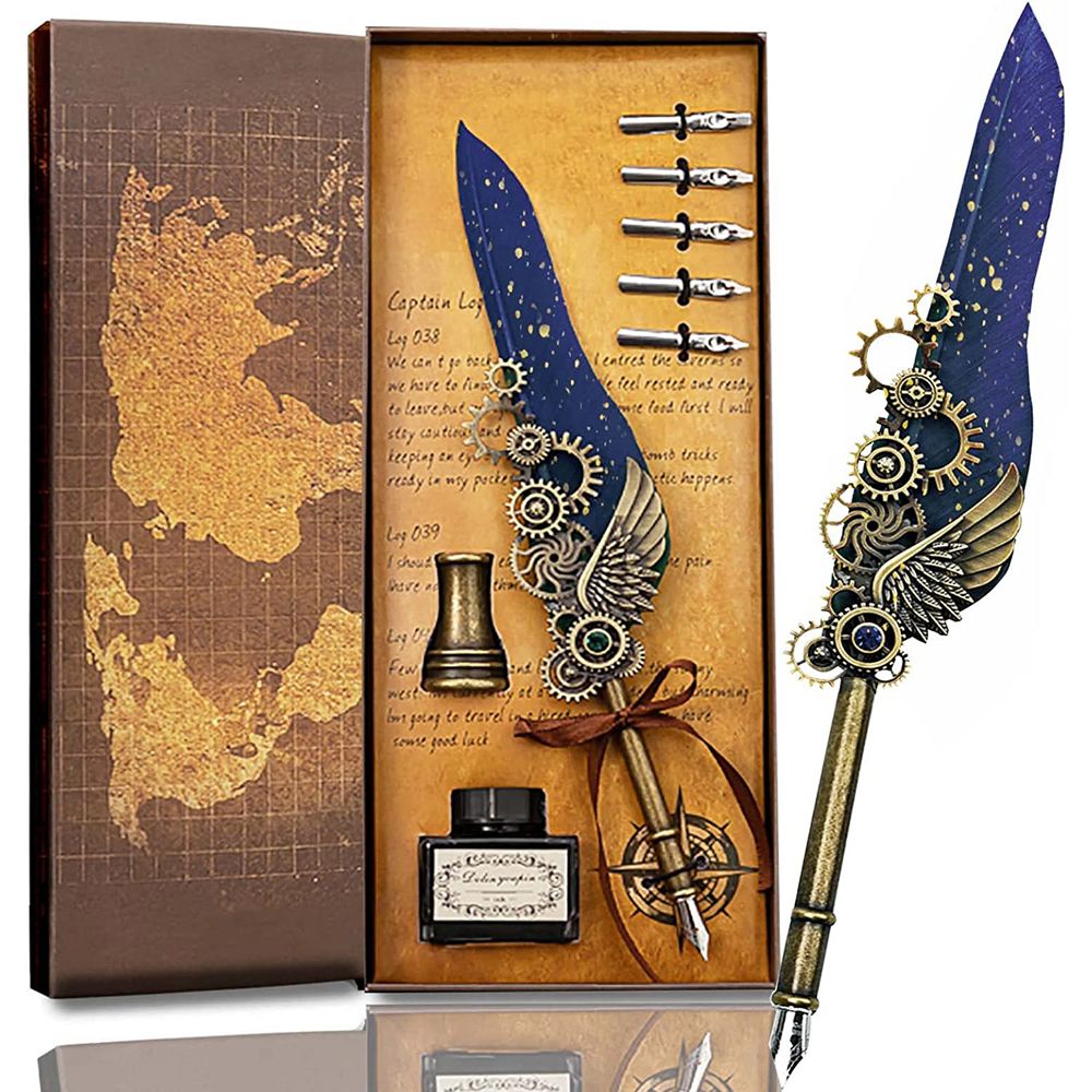 Feather Pen Ink Set Glittering Quill Pen Set Antique - Temu