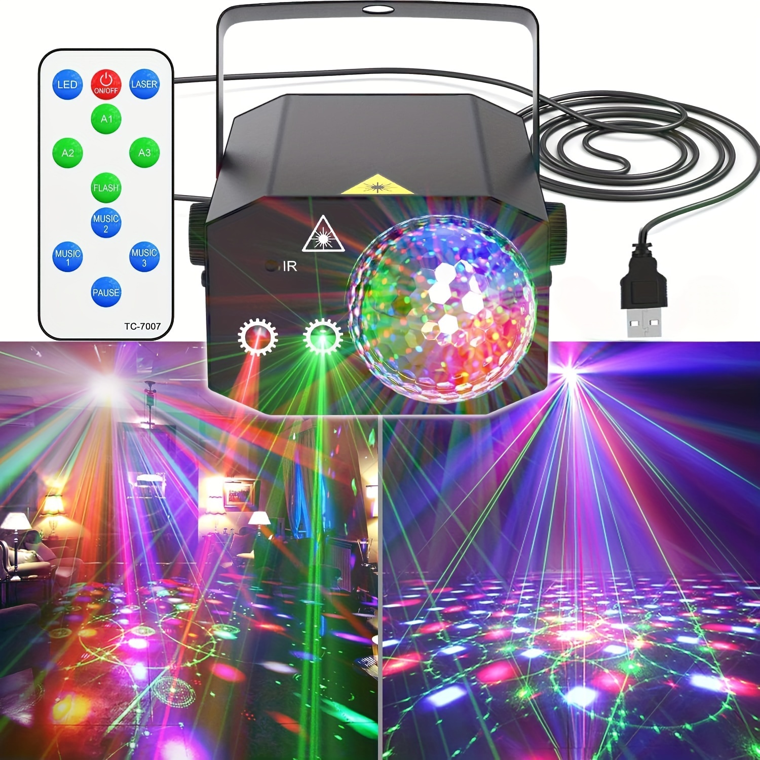 CHINLY Party Lights RGB 3 Lens DJ Disco Stage Laser Light Sound Activated  Led Projector for Christmas Halloween Decorations Gift Birthday Karaoke KTV