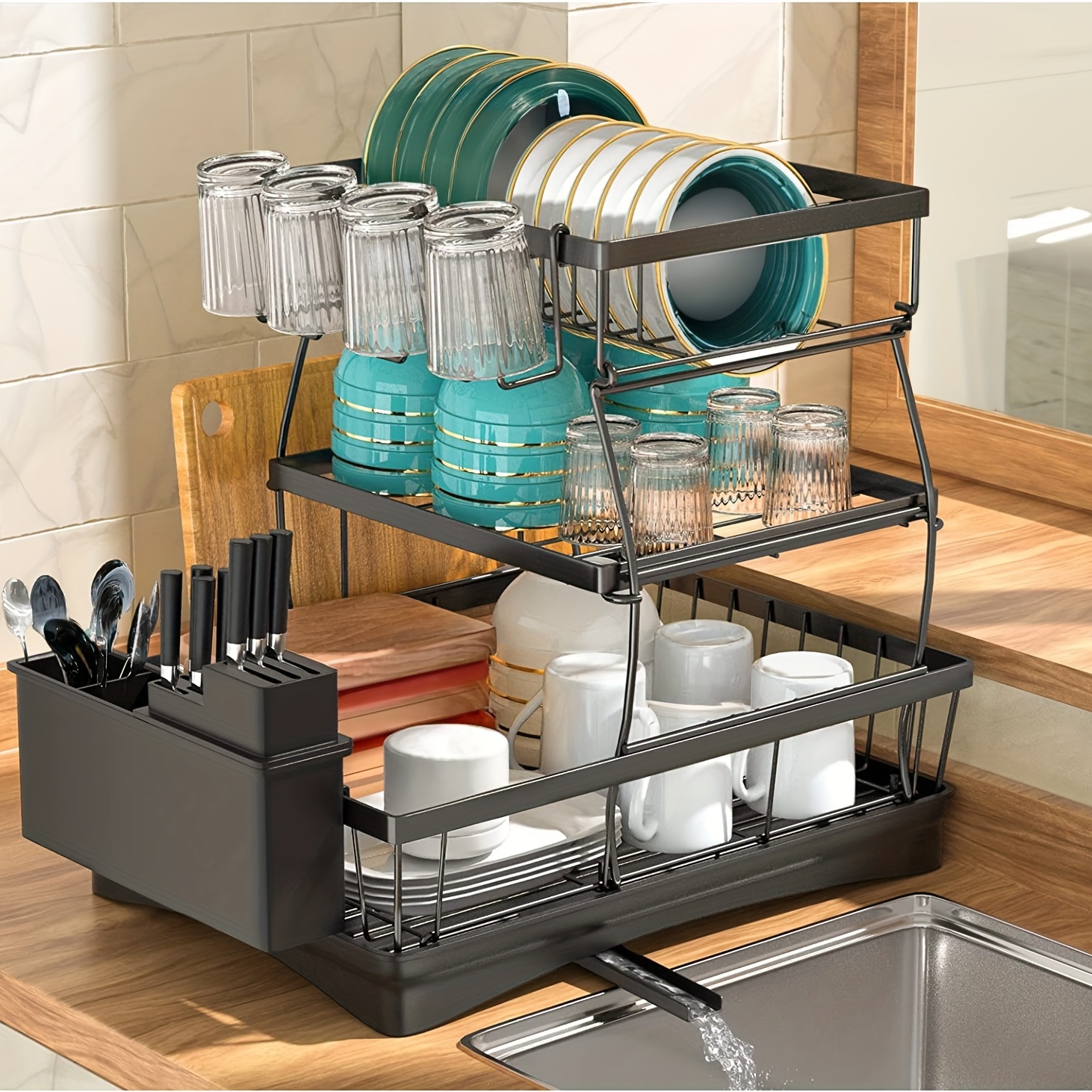 Dish Drying Rack For Kitchen Counter 2 Tier, Dish Drying Rack With  Drainboard Dish,kitchen Dish Dryer Rack With Cover For Dishes Plates  Storage(17.8in