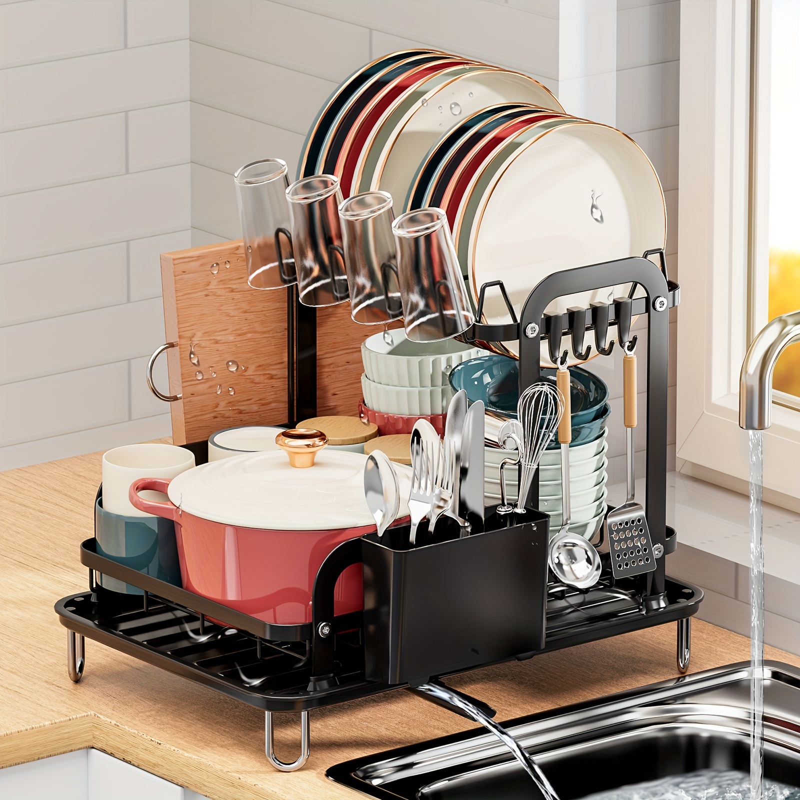 Retractable 2 Tier Dish Rack With Drainage Spout Telescopic - Temu