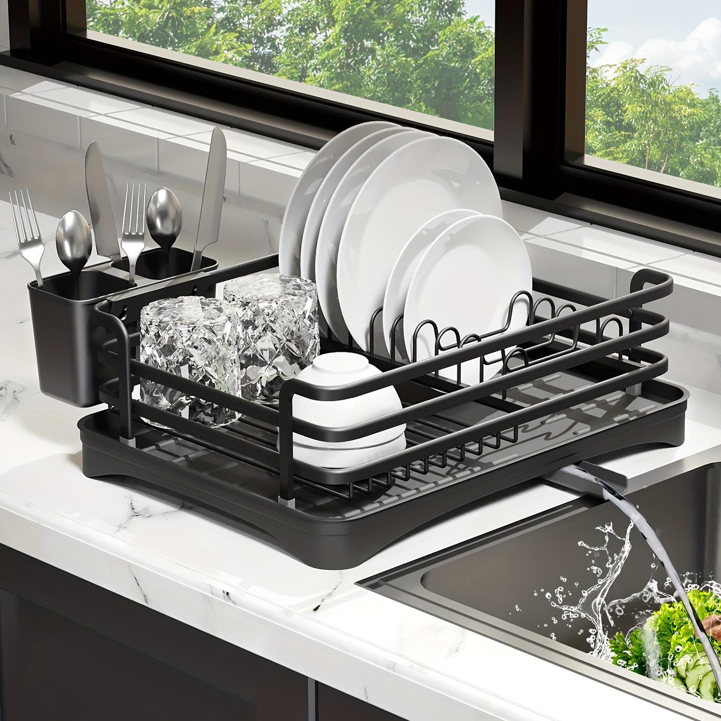 Rustproof Aluminum Dish Drying Rack With Drainage, Utensil And Cup Holders  - Compact Kitchen Accessory For Countertops And Cabinets (black, Silver,  Champagne) - Temu