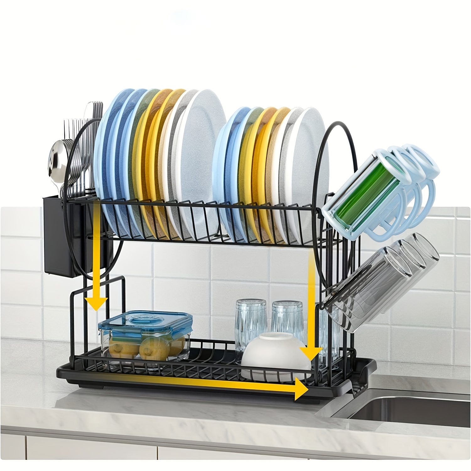 1Easylife Dish Drying Rack, 3 Tier Dish Rack with Tray Utensil Holder,  Large Capacity Dish Drainer with Cutting Board Holder Drain Board Tray for