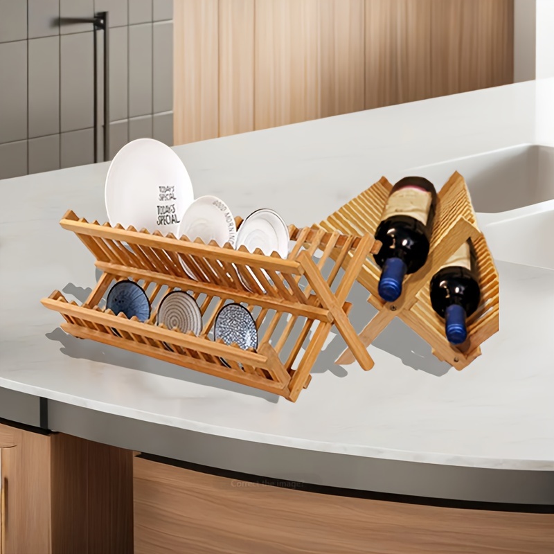 Escurridor de platos de bambú, estante plegable de 2 niveles con soporte  para utensilios, estante de secado de platos de madera para encimera de