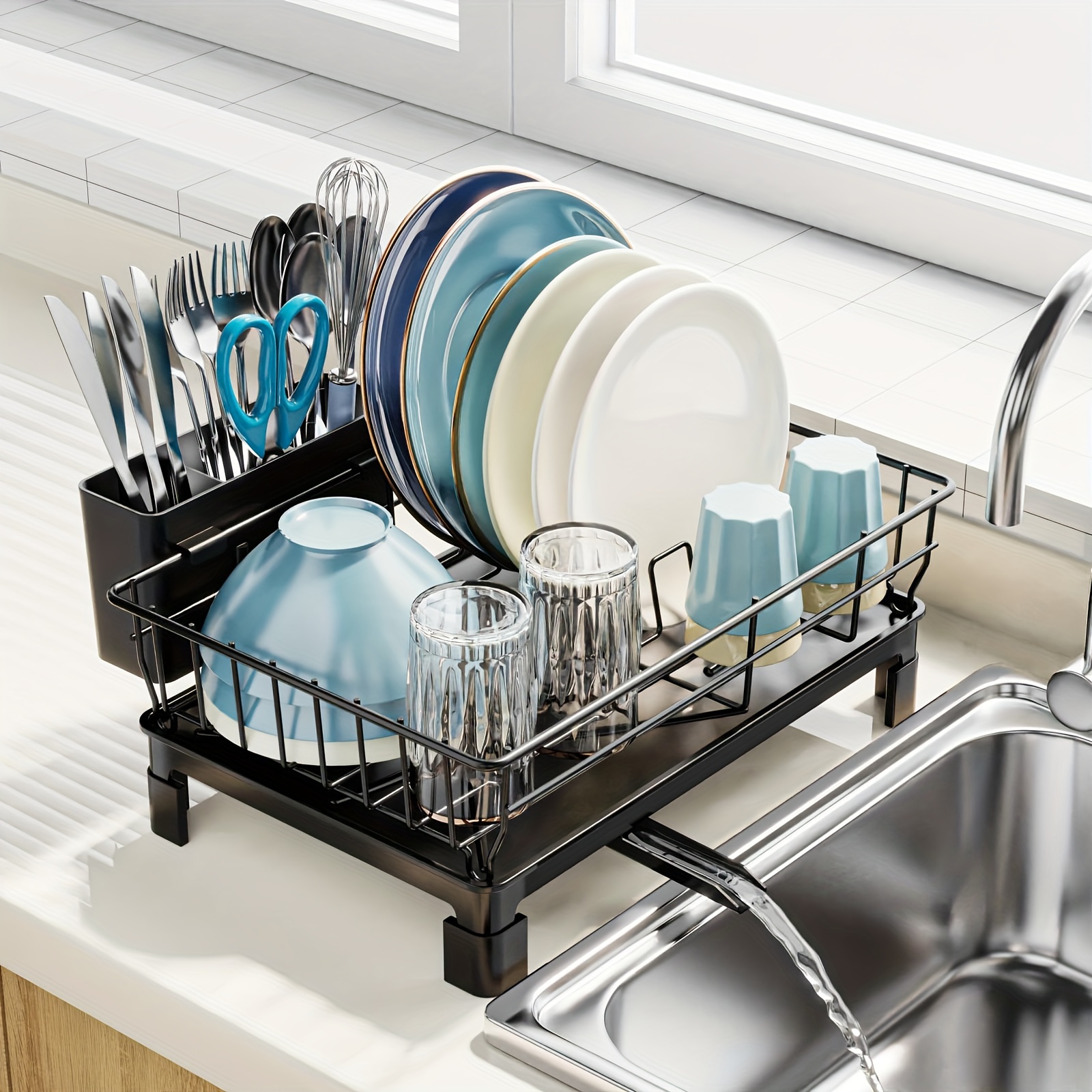  SNTD Escurridor de platos, plegable de 2 niveles grande para  encimera de cocina, escurridor de platos de drenaje automático con soporte  para utensilios y cuchillos (blanco) : Hogar y Cocina