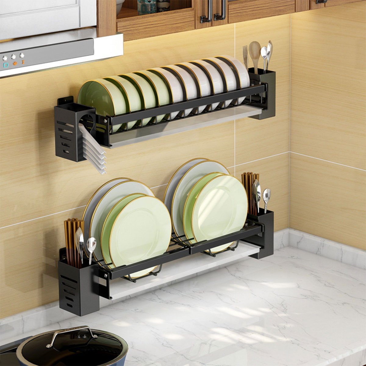 Escurridor de platos montado en la pared, escurridor de platos colgante con  soporte para utensilios, estante de platos de almacenamiento de cocina con