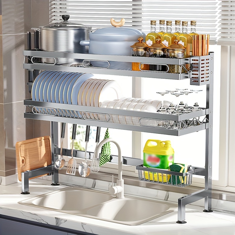 Estante para platos, con soporte para utensilios, portavasos y escurridor  de platos, estante de cocina de acero inoxidable para encimera de cocina