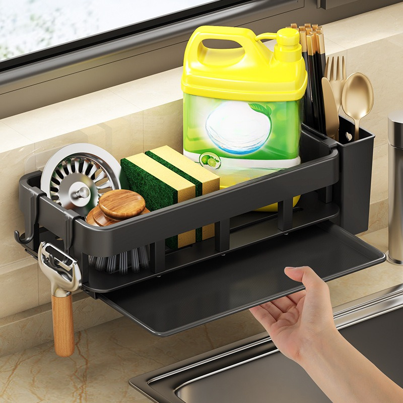 Soporte de esponja para fregadero de cocina, organizador mejorado con  estante de secado de toallas de cocina y ganchos para colgar sobre el  grifo