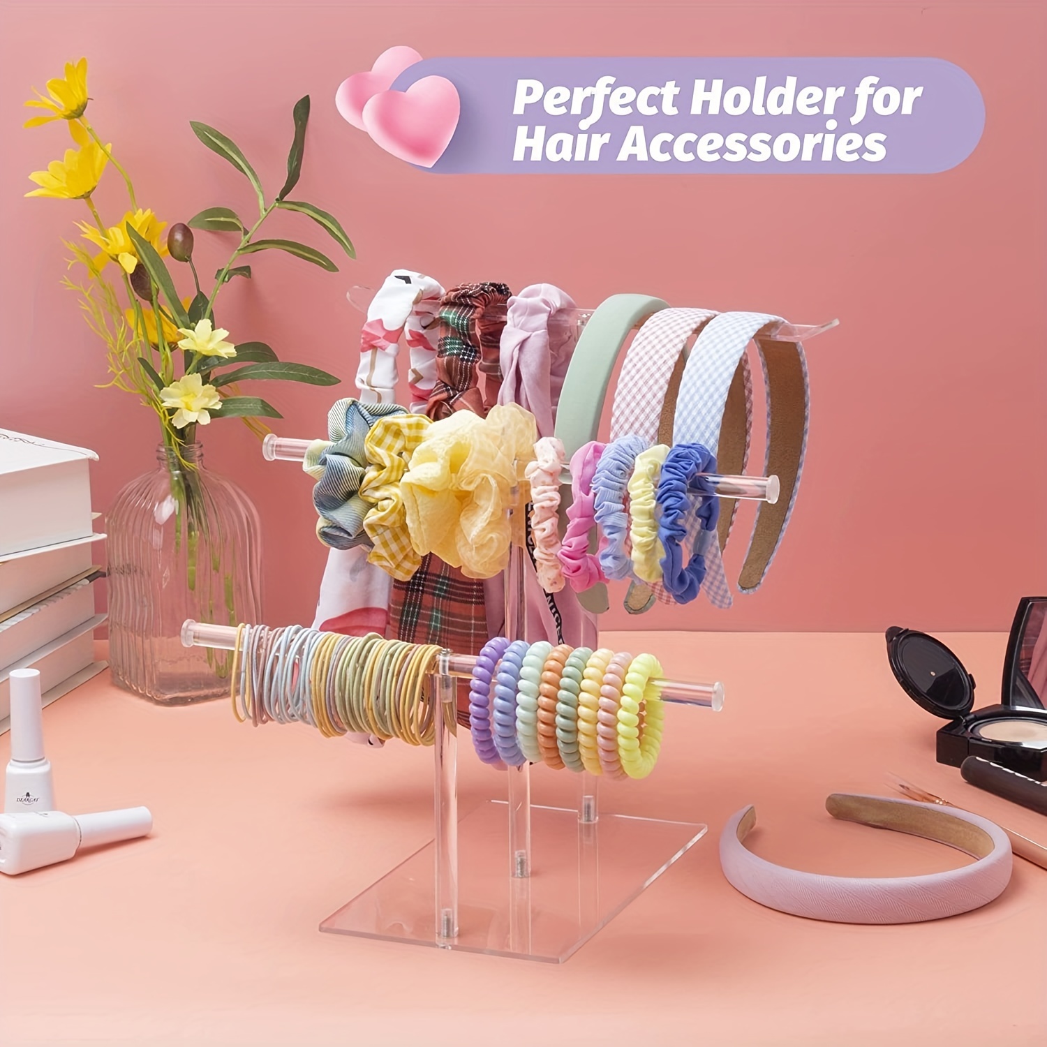 1pc Acrylic Hair Ties Organizer, Cosmetic Cotton Storage Box Scrunchie  Holder Stand, Clear Hair Tie Display Organizer Multi-function