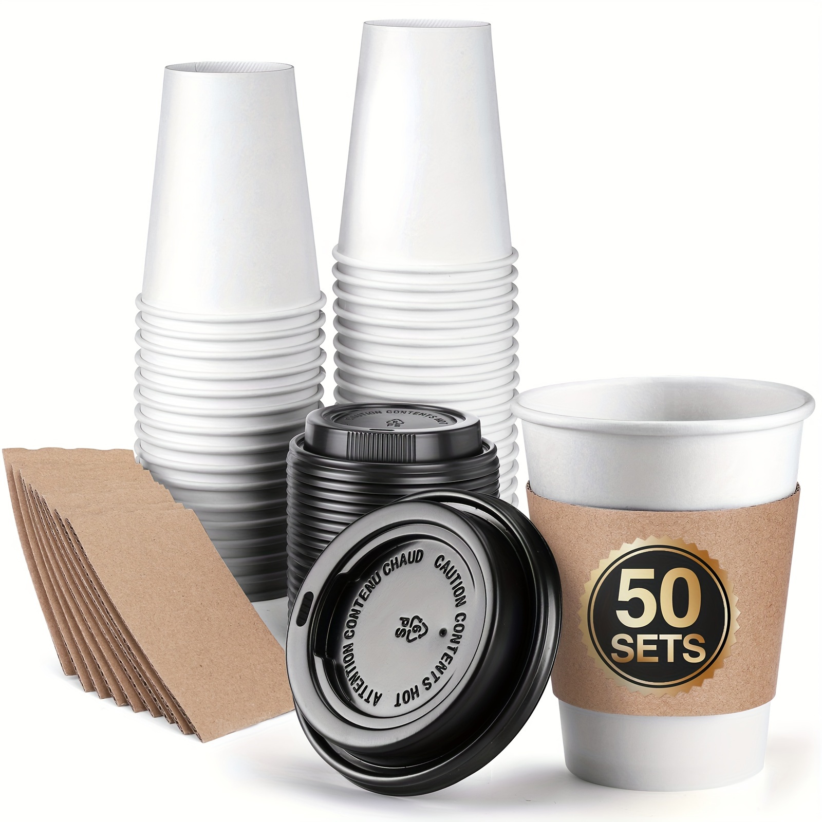 [Paquete de 100] Tazas de café de papel desechables de 8 onzas con tapas  negras, tazas de café para llevar con tapas para bebidas frías y calientes