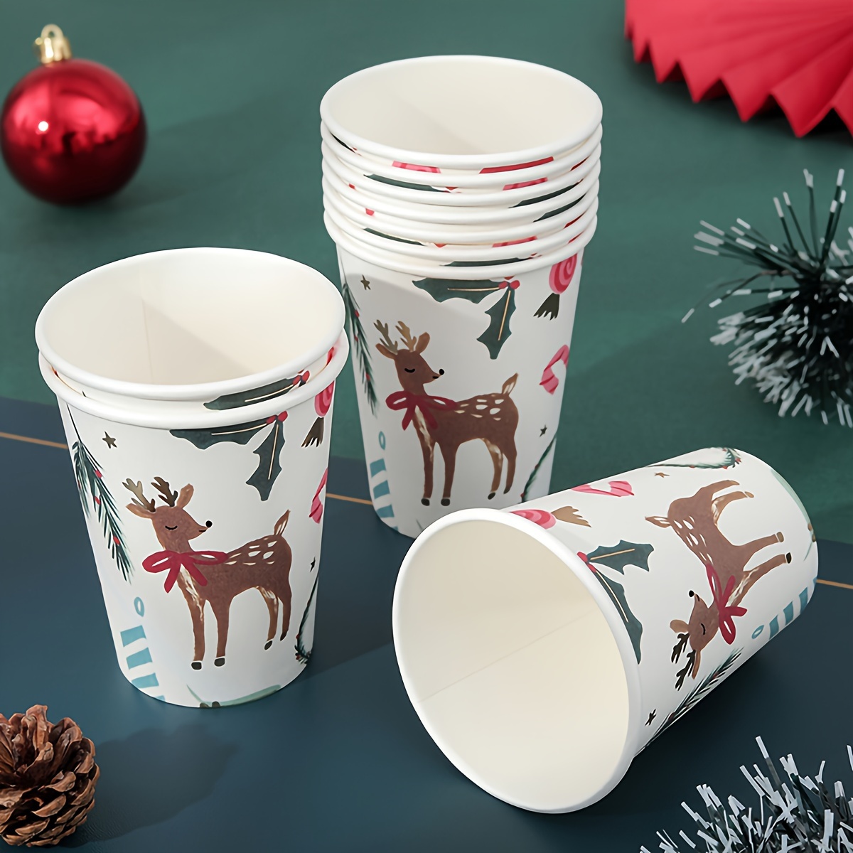 NETTEMPT Disposable Christmas Cups(50 Pack 9 Oz).Paper in Golden Elk Design  with