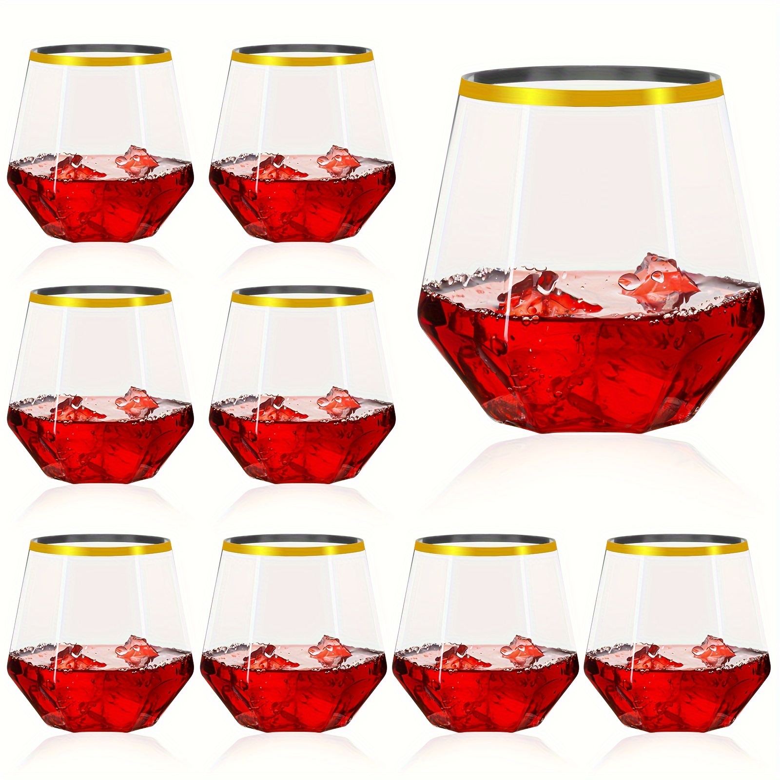 32 Pack Diamond Stemless Plastic Wine Glasses, 12 oz Unique Diamond Shape, Clear Gold Rim Glasses for Wine, Whiskey, Cocktails, Juice, Trendy & Mo