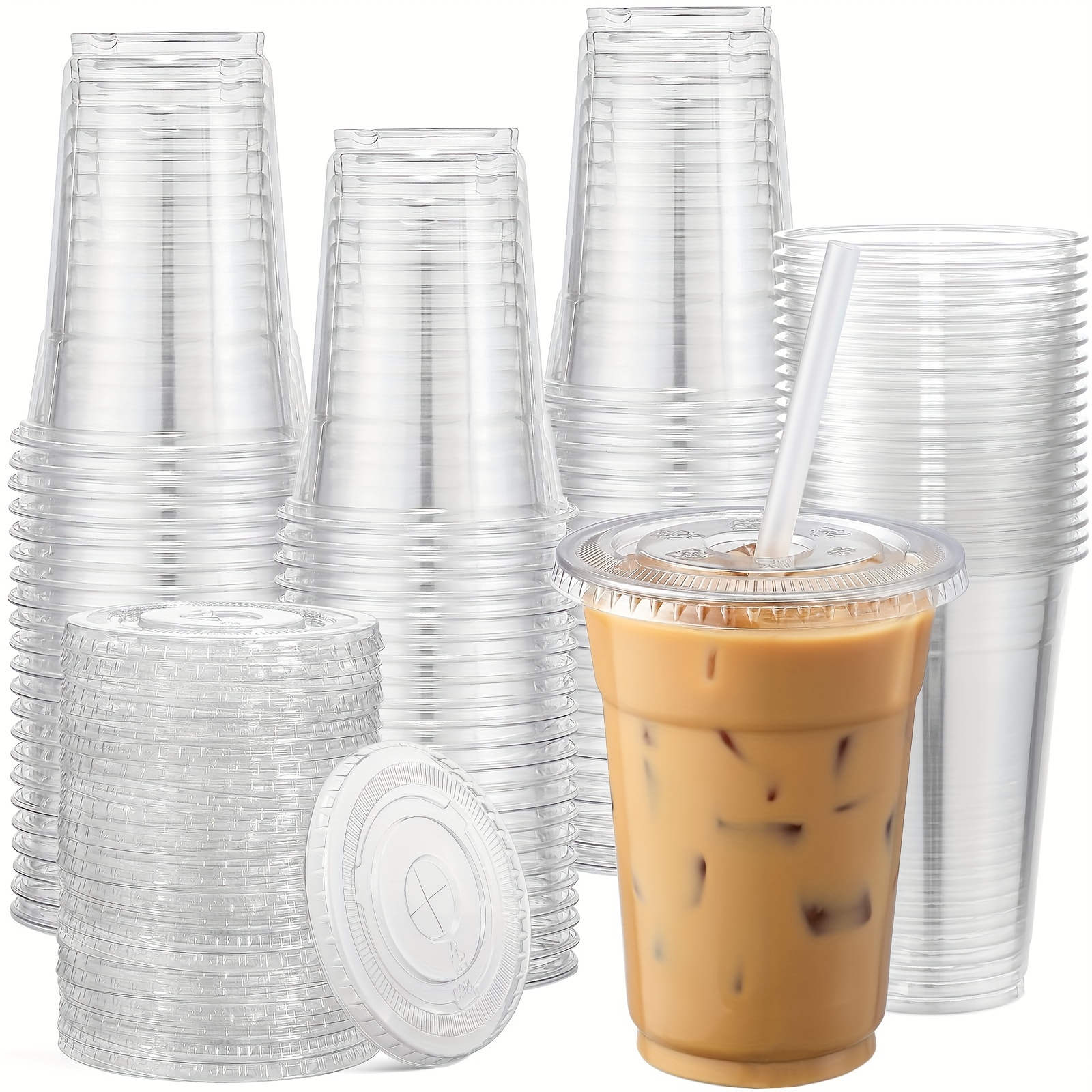 50 Pack] 24oz Clear Plastic Cups With Flat Lids And Straw - Disposable  Drinking Cups - 24 Oz Plastic Cups For Ice Coffee, Smoothie, Milkshake,  Slurpe