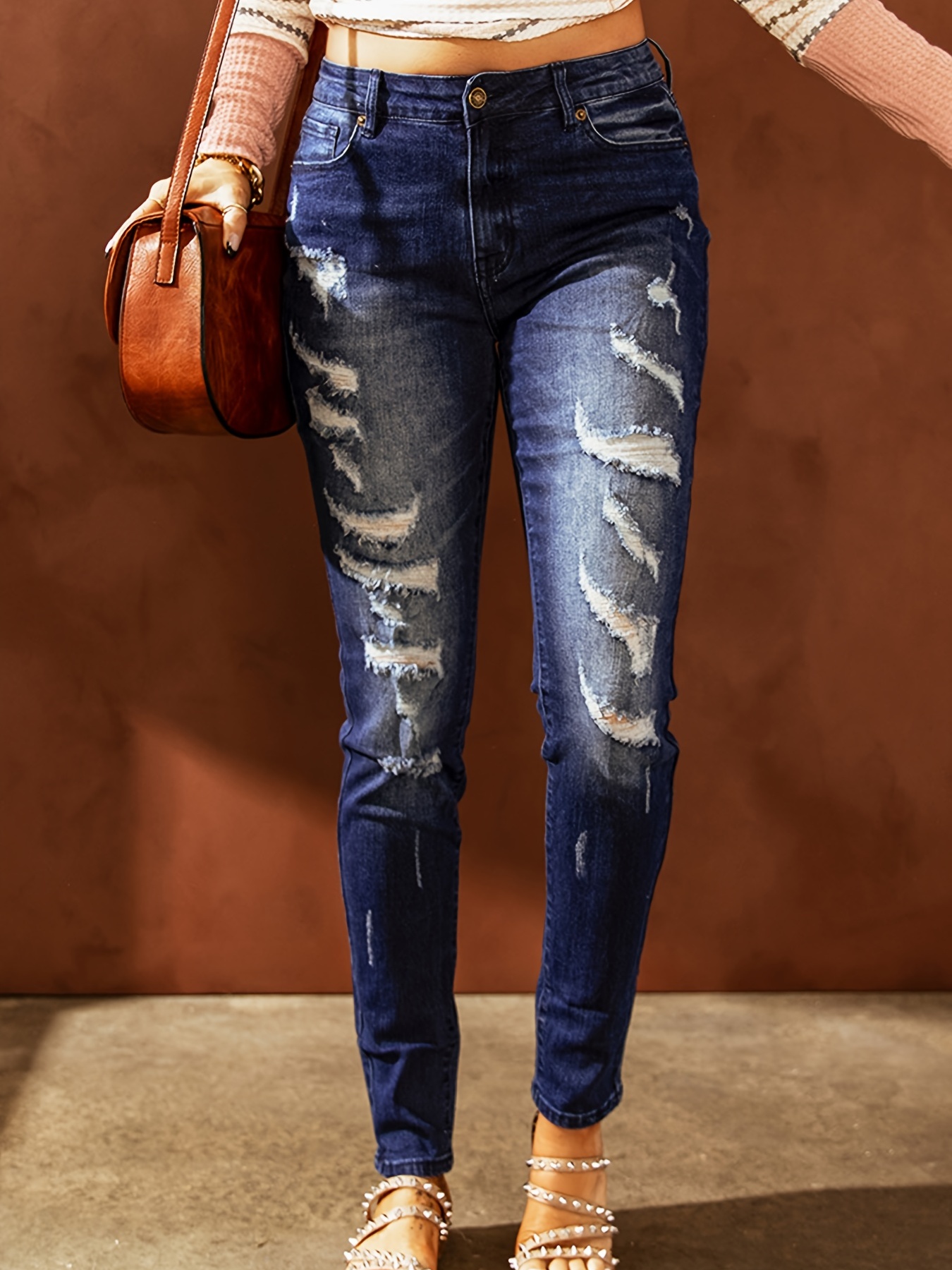 Plain Ripped Holes Skinny Jeans, Slim Fit Distressed Slight Stretch Ankle  Length Jeans, Women's Denim Jeans & Clothing