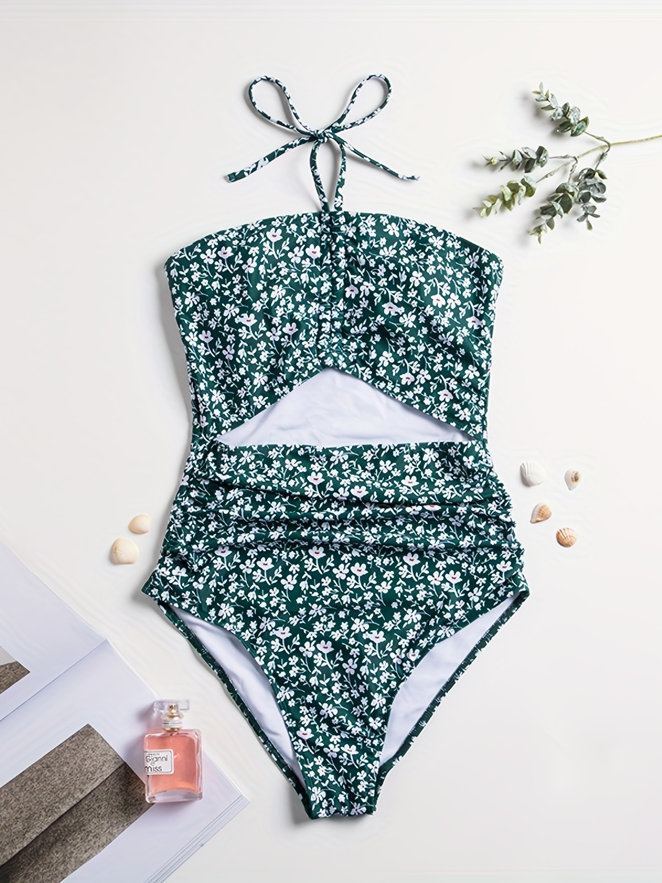 Ditsy Floral Leaf Print Bañador Manga Larga Cuello Alto - Temu