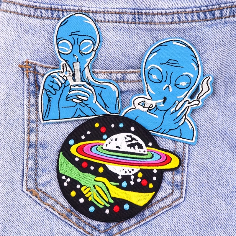 New Arrival Round Space Alien Rocket Eyes Stranger Things UFO Iron Patch  for Clothing Punk Embroidered DIY Parches Applique