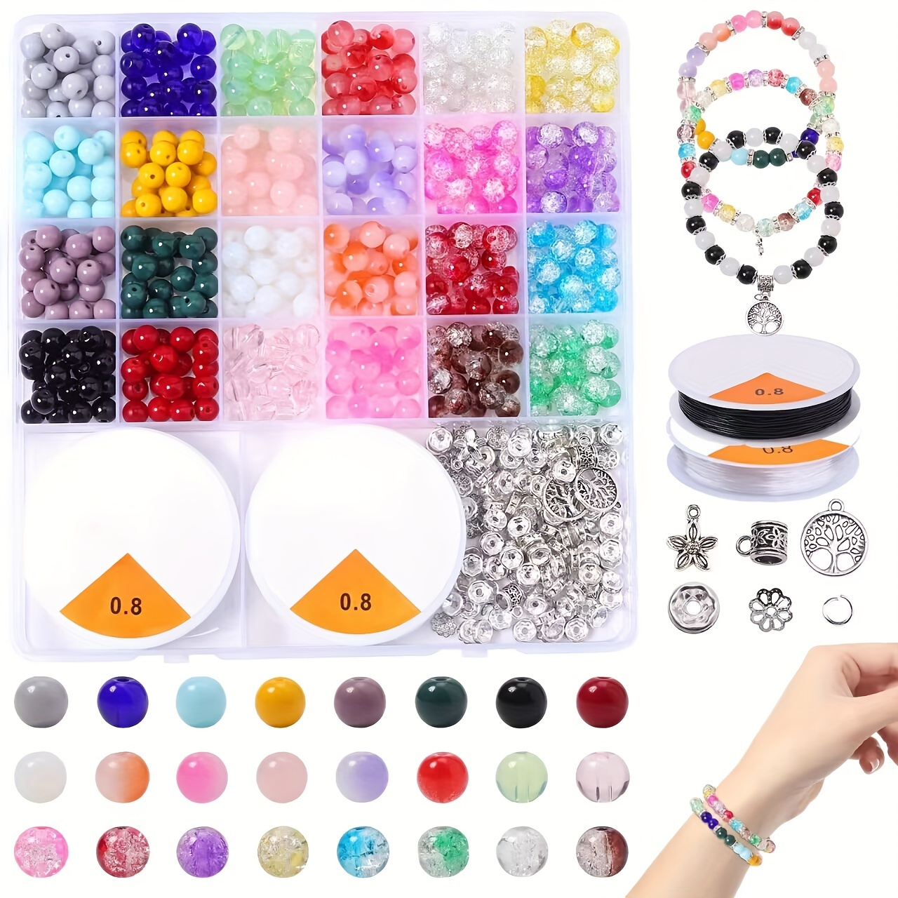 1 Box, Round Glass Crackle & Acrylic Beads Set, 8mm 24 Colors Imitation  Crystal Beads Kit, For DIY Bracelet Making For Beginners Girls DIY Crafts