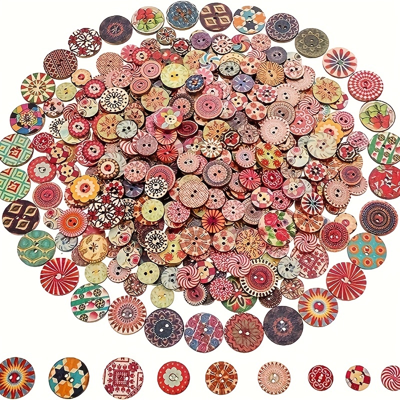 200Pcs Wood Buttons for Crafts, 20mm Mixed Pattern Wooden Buttons Round  Flower Button