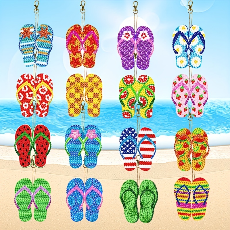 12/16Pcs DIY Flip Flop Diamond Painting Keychains Summer Style Double Sided  Diamond Art Mosaic Key Rings Backpack Pendant Gifts