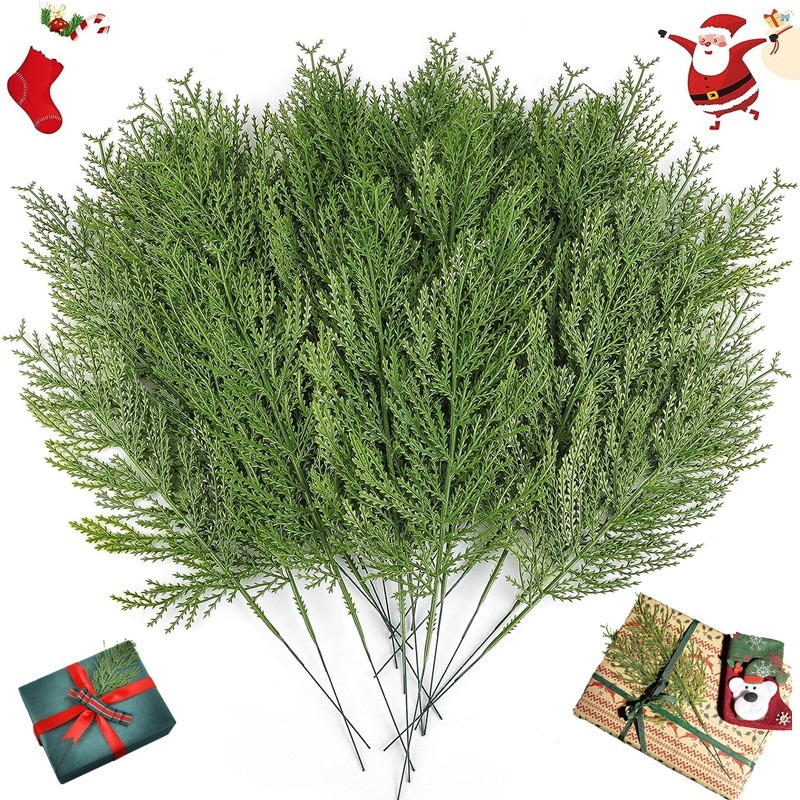 6pcs Snowy Artificial Cedar Picks with Red Berries Frosted Faux Cedar Sprays Christmas Cedar Greenery Branches Stems for Christmas Tree Wreath Floral