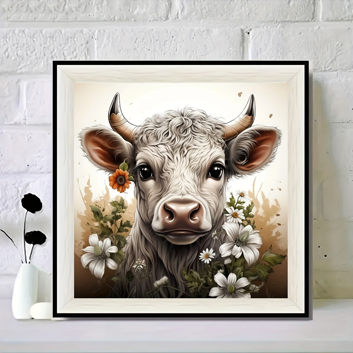 5d Artificial Diamond Painting Kit For Kids With White Frame Cartoon Cow Art  And Crafts For