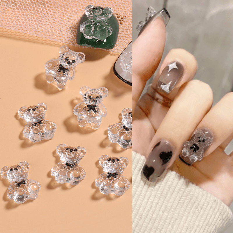 10 pcs Cute 3D Clear Brown Bear Nail Charms with Black Bow Design - Perfect  for Nail Art DIY and Manicures